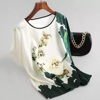 women 2021 fashion floral print blouse pullover ladies silk satin blouses batwing sleeve vintage print casual short sleeve tops