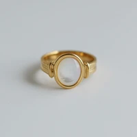 ins hot high quality vintage oval shape white shell stone gold plated stainless steel ring for women girl accessories