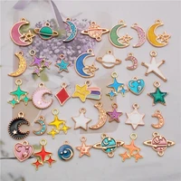 julie wang 30pcs enamel star moon charms random mixed cartoon small planet alloy bracelet earrings jewelry making accessory