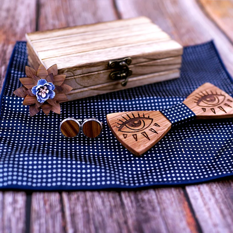 

Kaibote CTB-T281 3D Laser Engraving Eye Wooden Bowknot for Wedding Party Men Women Bow Tie Pocket Square Set with Wood Gift Box