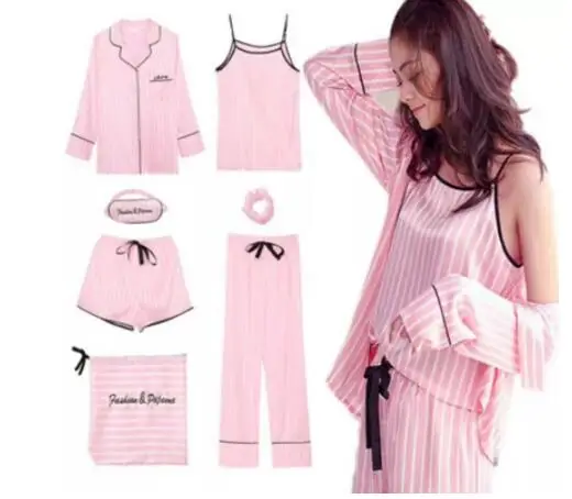 Женский пижамный комплект из 7 предметов розовый в полоску искусственного шелка