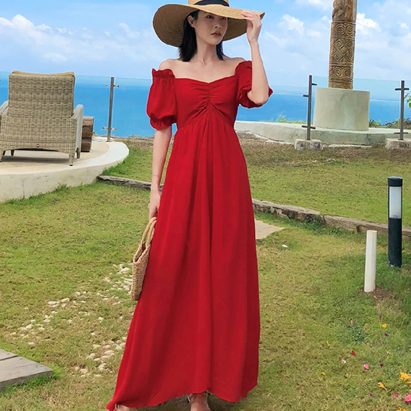 

Summer Elegant Party Night Vacation Long Dress Retro Runway 2021 Beach Dresses Korean Maxi Vintage Women High-waisted Red Dress