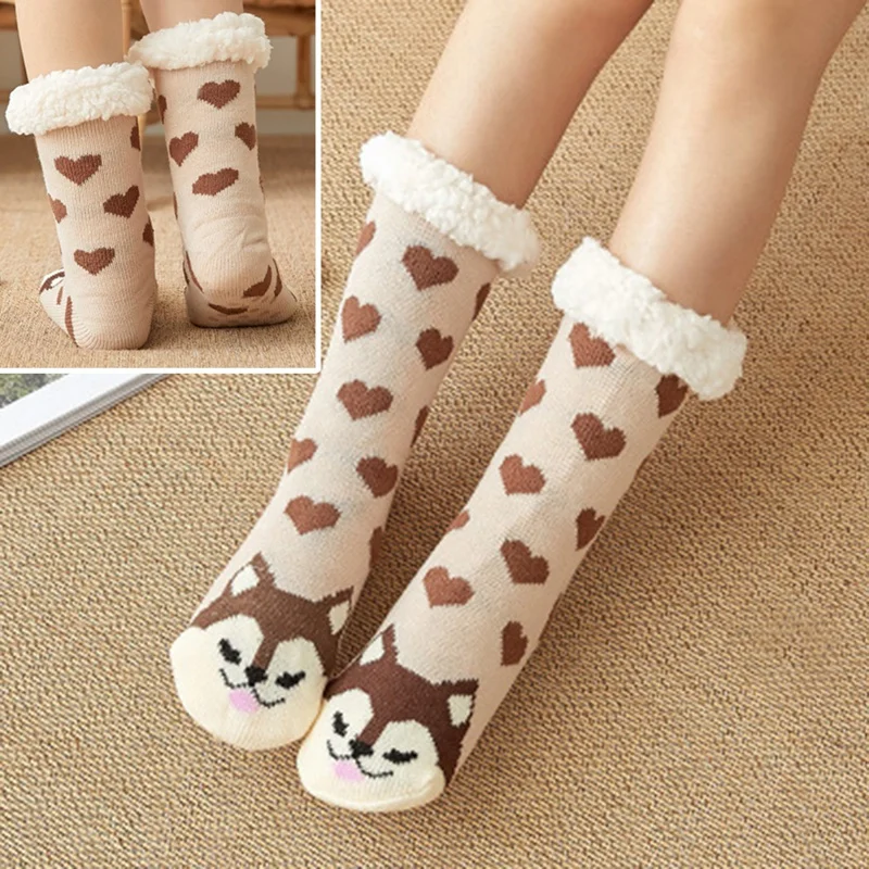 

Thick Warm Sleep Socks Slippers Socks Thicken Women Girls Print Stripe Casual Non Slip Warm Winter Mid Tube Cute Socks