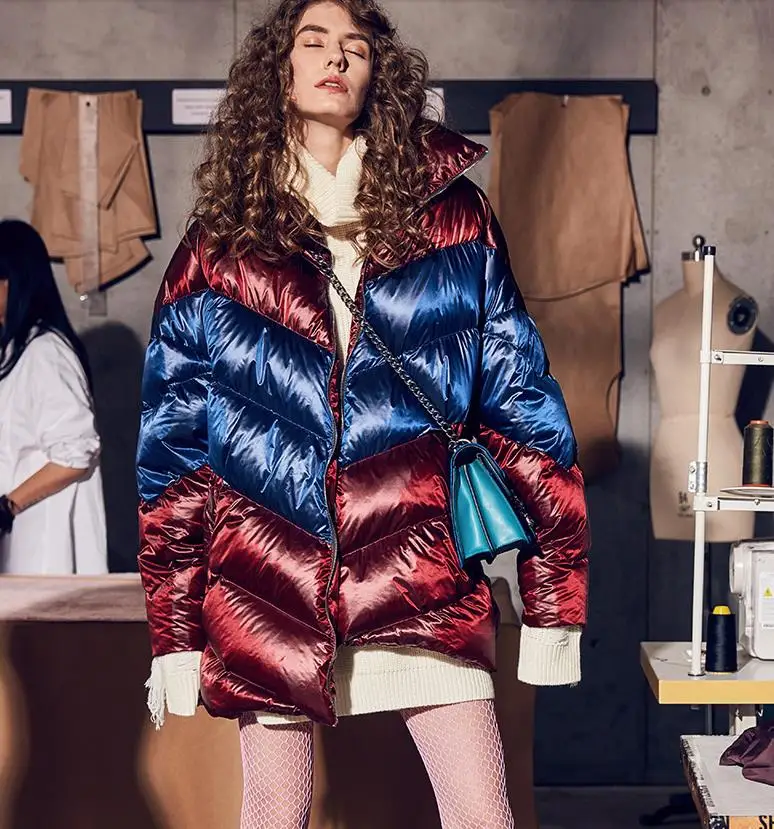 Red with blue Зимние блестящие пуховые пальто, большие размеры 7XL, толстые непромокаемые парки, Повседневная Яркая блестящая куртка-пуховик - Цвет: Red with blue