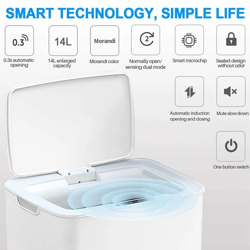 Sensor Trash Can Kitchen Contactless with Lid Batnroom USB Charging Smart Garbage Waste Bin White 14L | Дом и сад