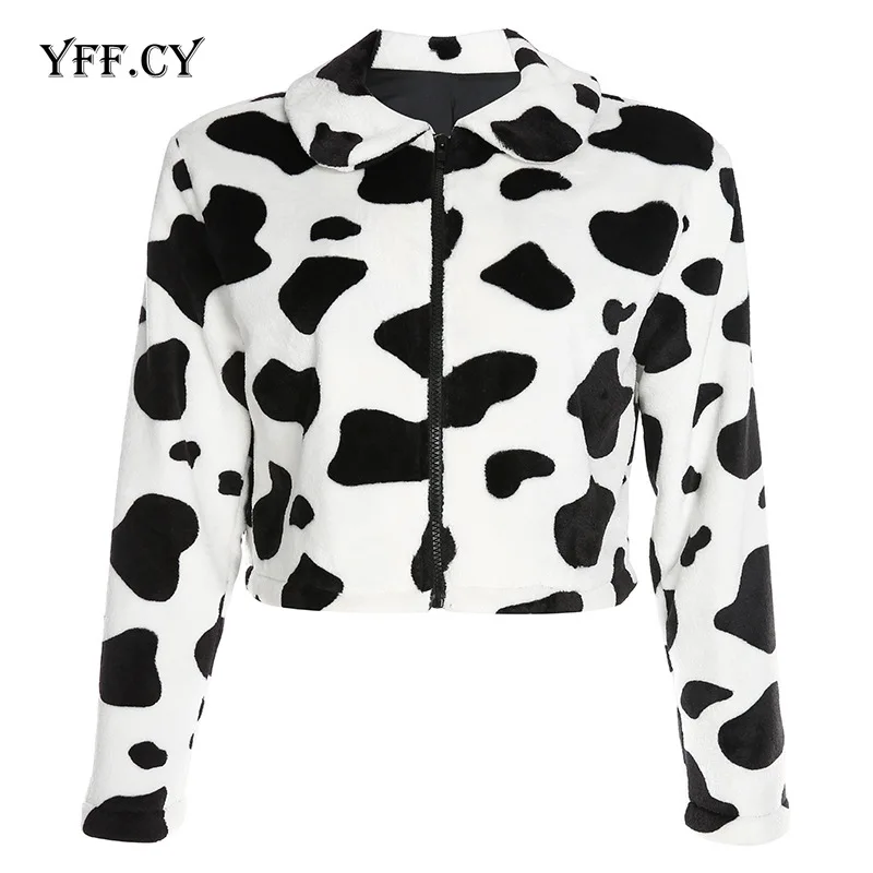 

Fur Coats For Women Cow Print Teddy Jacket Modis Long slive Zipper Casual Warm Autumn Winter 2020 Harajuku Coat Female
