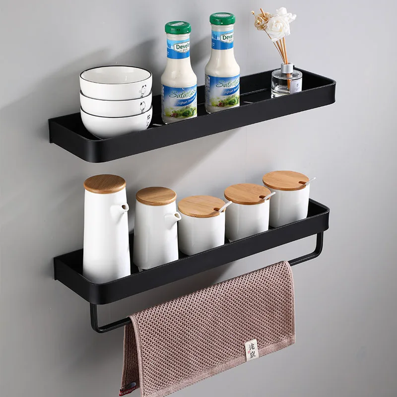 

Bathroom Storage Rack Black Aluminum Shower Room Shelf Wall Mounted Bathroom Kitchen Corner Shelf Storage Rack