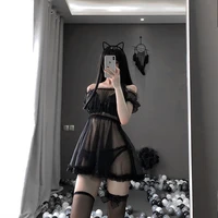kawaii lace babydoll lingerie pajamas set for women off shoulder tulle temptation see through dress erotic cosplay costumes
