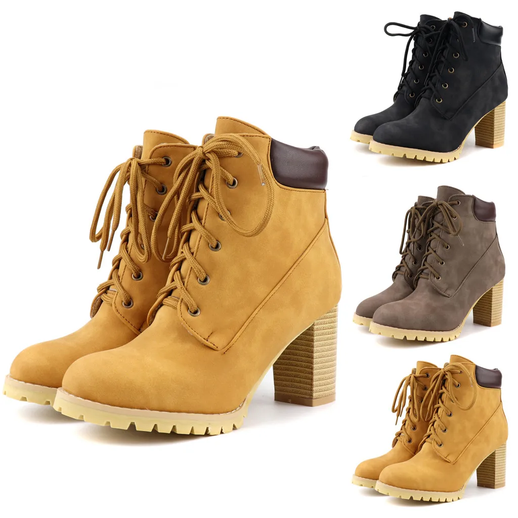 

Boots Women Shoes Woman Fashion High Heel Lace Up Ankle Boots Ladies Buckle Platform Artificial Leather Shoes bota feminina 2019