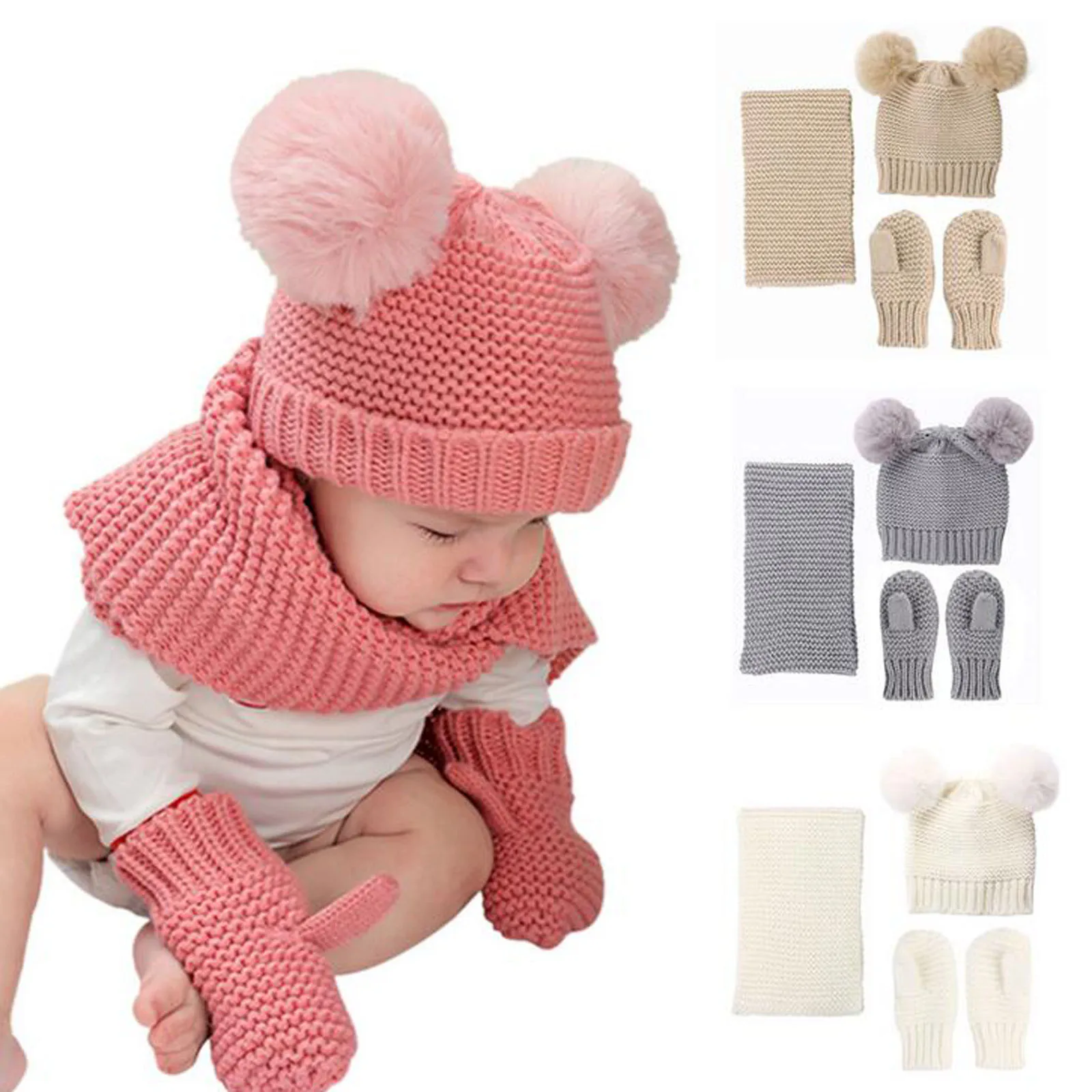 

2021 Baby Stuff Accessories Cute Winter Warm Kids Girls Boys Baby Solid Pompom Hats Knitted Caps Gloves Scarf Set шапка детская