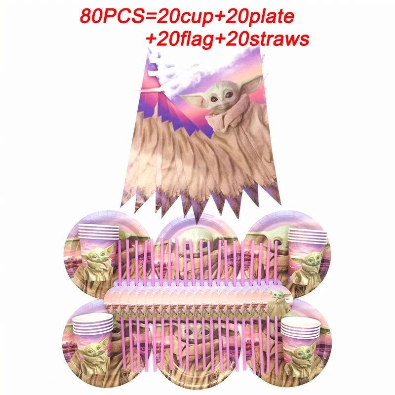 

Yoda Baby Birthday Decorations Banner/Flags Supplies Child Mandalorian Birthday Party Pink Paper Cups Plates Straws Tableware