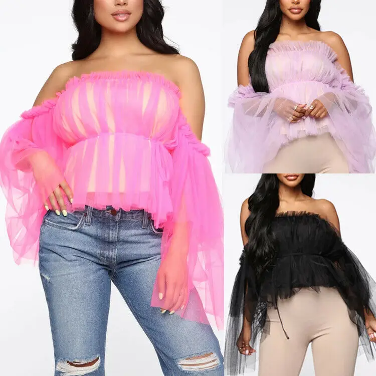 Sexy Women Off Shoulder Slash Neck Ruffle Tops Blouse Ladies Fashion Double Layer Mesh Chiffon Black Pink Purple | Женская одежда