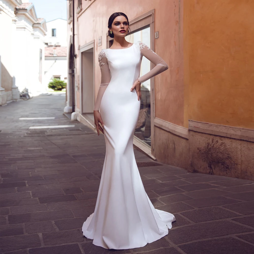 

Sexy Jersey Mermaid Wedding Dress Illusion Back Long Sleeves Jewel Appliques Sweep Train Bridal Gowns Robe Mariee
