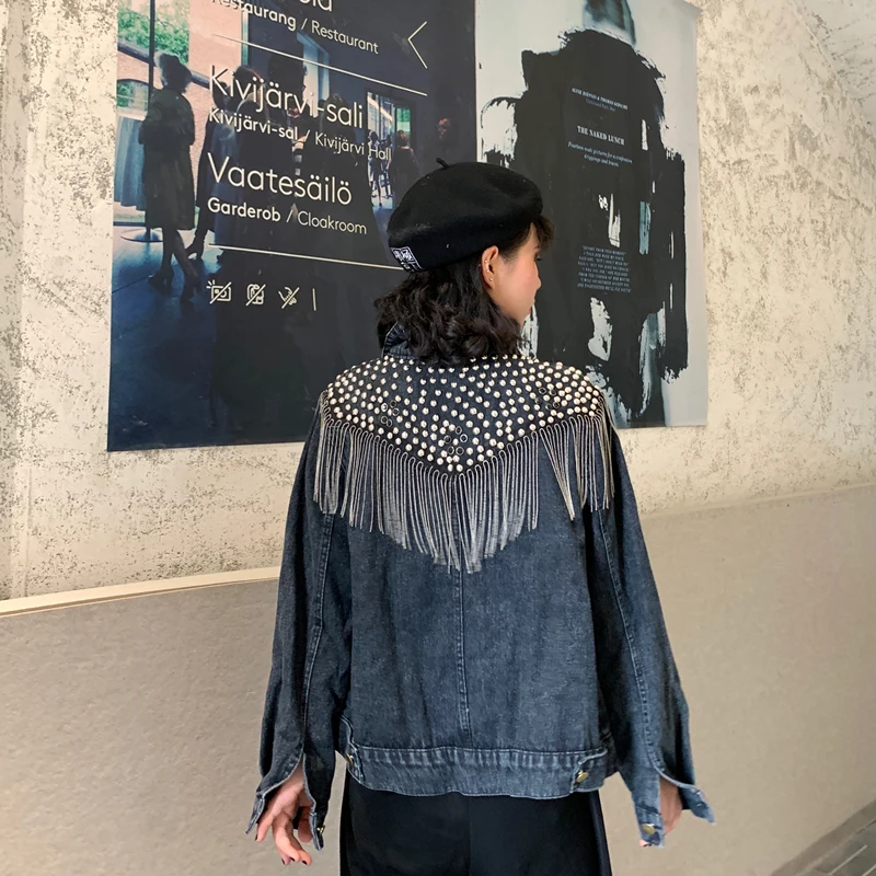 New Women Autumn Hand-studded Rivet Tassel Chain Short Jeans Coat Woman's Loose Jacket Coat Fashion Streetwear Denim Jacket