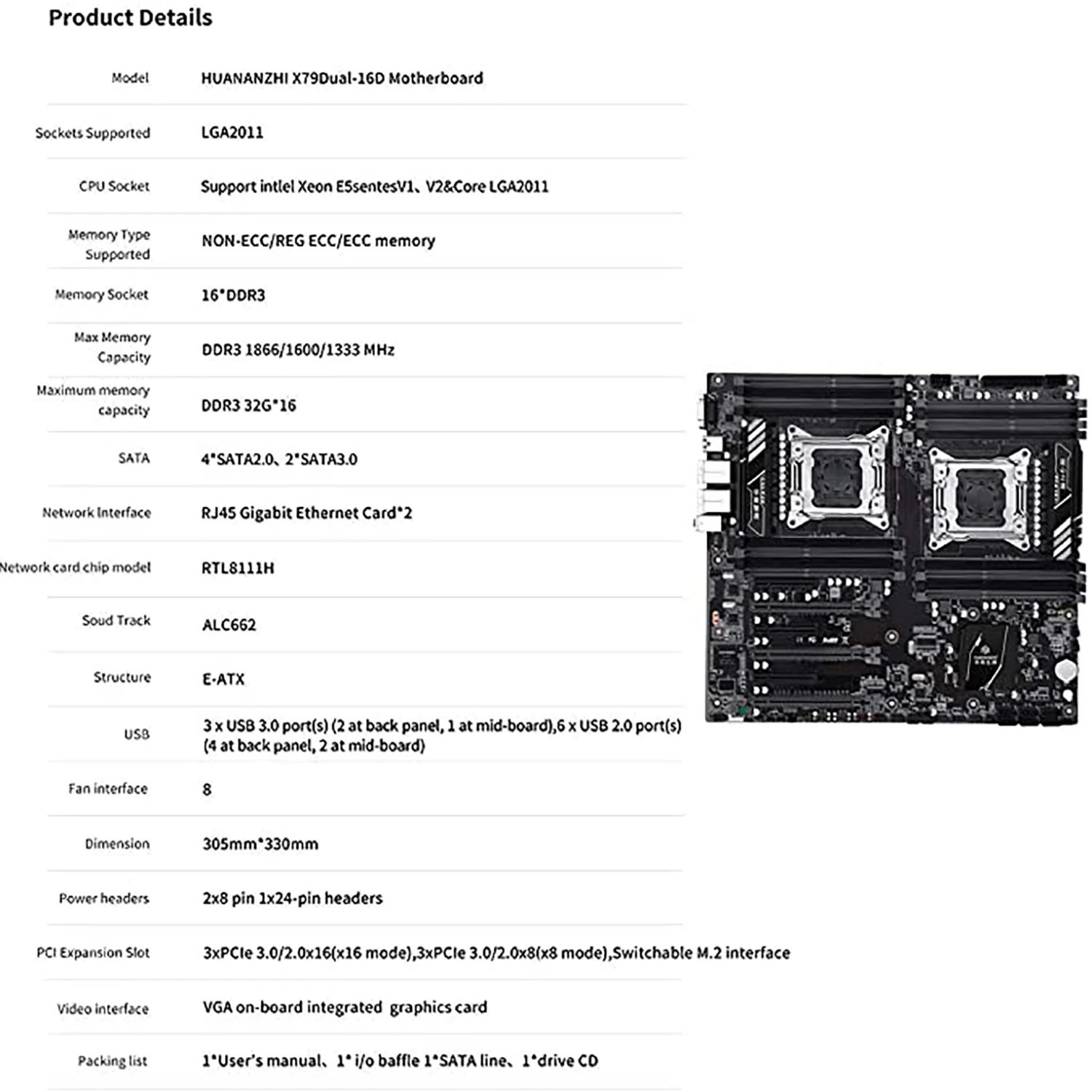 

HUANANZHI X79 16D X79 Motherboard Intel Dual CPU LGA 2011 REG ECC DDR3 1333 1600 1866MHz SATA3 USB3.0 E-ATX witht VGA
