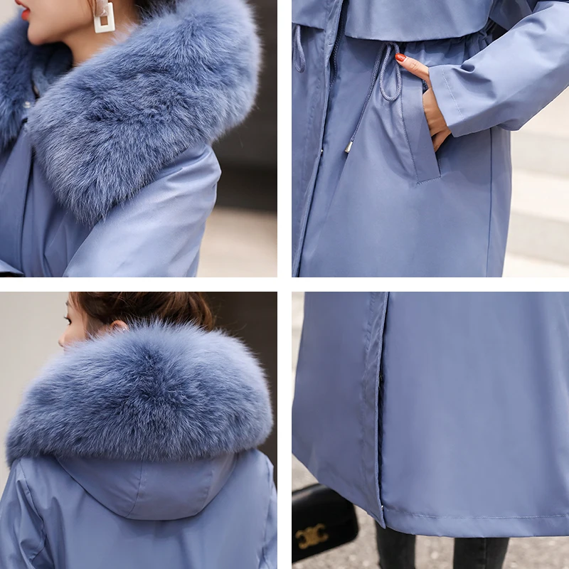 Women's Witner Jacket Hooded X-long Wool Liner Female Cold Coat Slim Solid With Fur Collar Casual Thick Parkas Woman | Женская