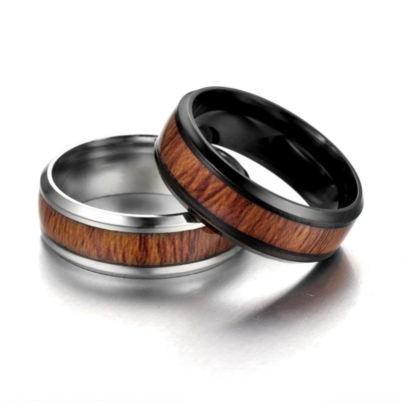 

Vintage Wooden Pattern Stainless Steel Rings 8mm Width Men's Size 6-13 Men's Jewelry Fashion Simple Metal Rings Free Shipping