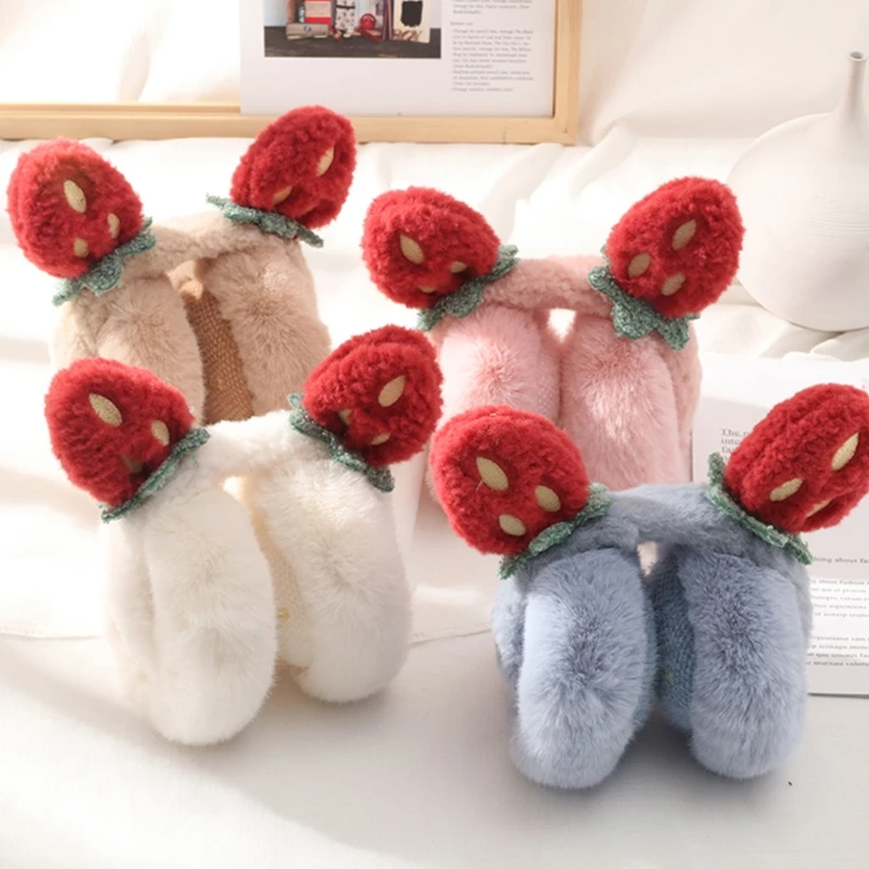 

KLV New Women Student Winter Fluffy Plush Earmuffs Cute Cartoon 3D Strawberry Ears Earflap Foldable Portable Ear Warmers Covers