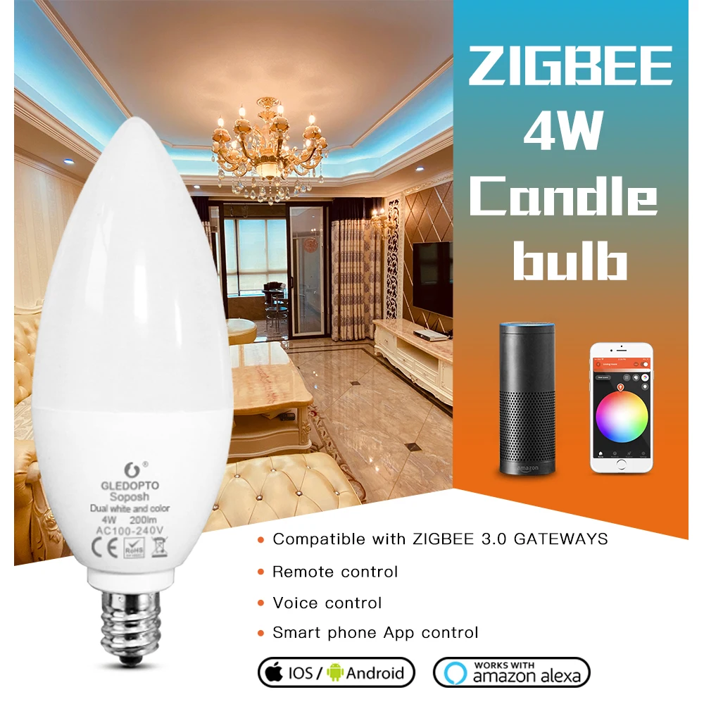 

Gledopto Zigbee Intelligent Home Dimmable RGBCCT Candle Bulb 4W LED Bulb Compatible with Amazon Echo Plus Tuya Smartthings