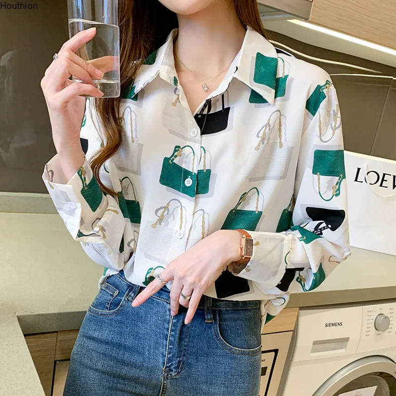 

Блузка женская шифоновая с длинным рукавом и принтом, в Корейском стиле