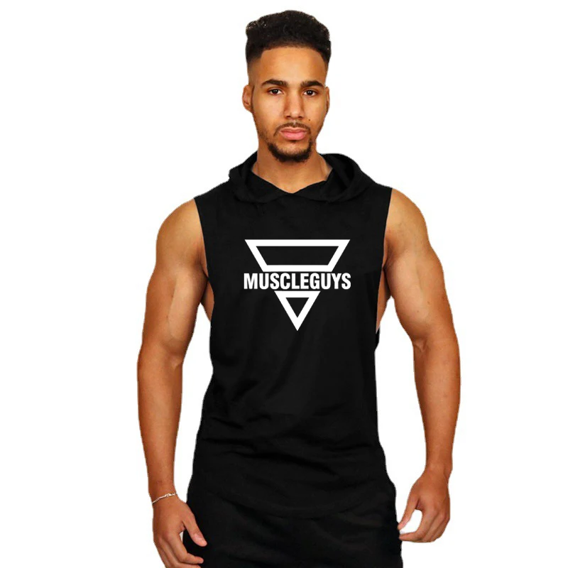 

Muscleguys Brand Gym Clothing Mens Bodybuilding Hooded Tank Top Cotton Sleeveless T-shirt Fitness Vest Workout Sportswear Tops