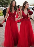 red lace tulle patchwork a line evening dresses for women deep v neck sleevelesslong special occasion gowns wedding party wear