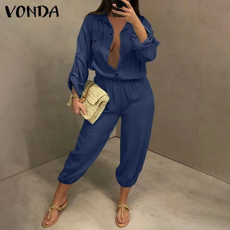 

Женский джинсовый комбинезон VONDA, повседневный комбинезон с длинным рукавом и воротником с лацканами, осенние брюки