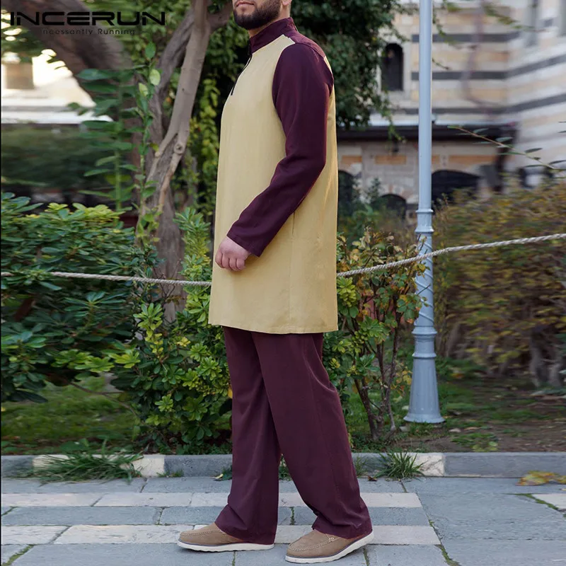 

Men Muslim Sets Casual Patchwork Stand Collar Long Sleeve Long Tops Islamic Kaftan Pants Vintage Middle East Men Suits INCERUN