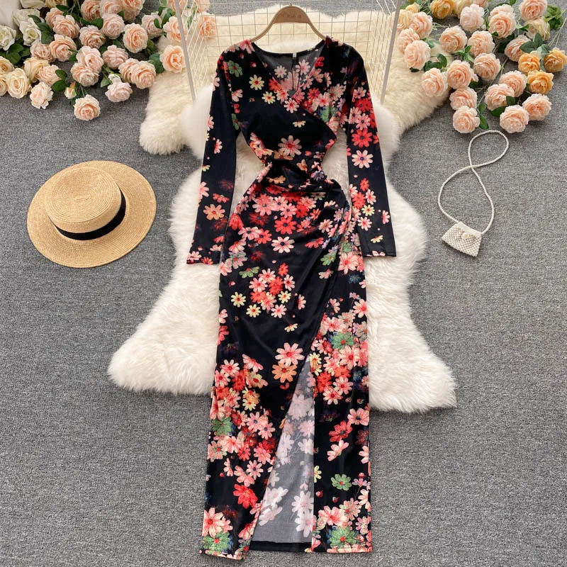 

YIZZHOY Spring Autumn Sexy Split Streetwear Long Dress Women Retro Print Dress Elegant French Long Sleeve V Neck Slim Dresses