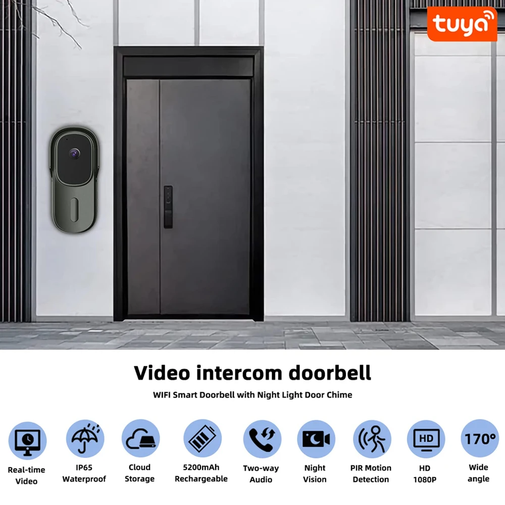 Умный Видеозвонок Tuya 1080P с аккумулятором проводной и беспроводной камерой 170 AC/DC -