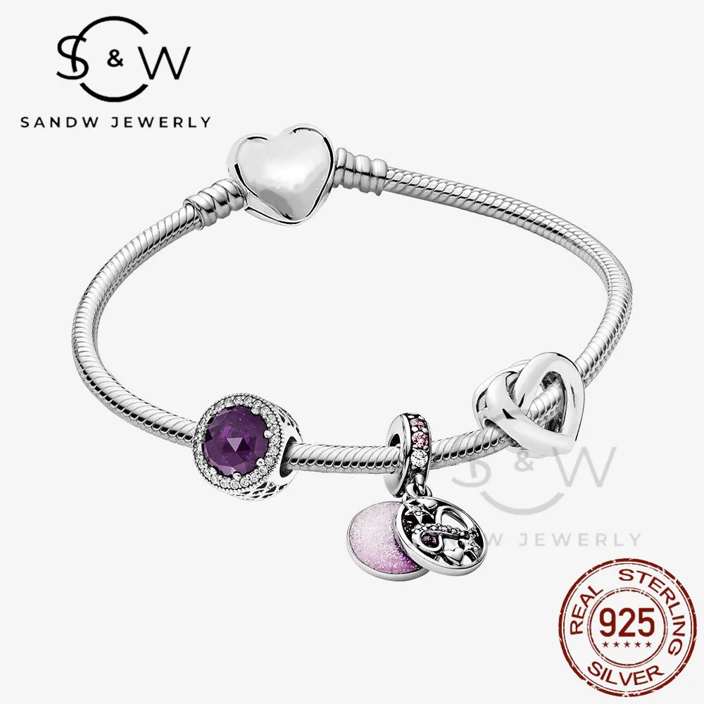 

925 sterling silver women bracelet set purple bangles love beads romantic elegant Couples wedding jewelry free shipping