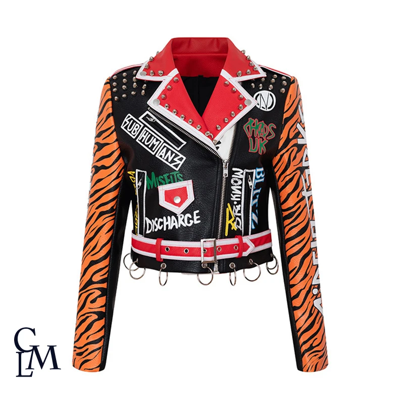 

2021 Autumn Short PU Leather Women's Jacket Slim Long-Sleeved Women's Motorcycle Coat Tiger Head Embroidered Fashion Top