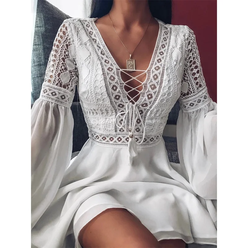 

Sexy Crochet Lace V-Neck Mini Dress Summer 2021 Flare Sleeve Chiffon Beach Dress