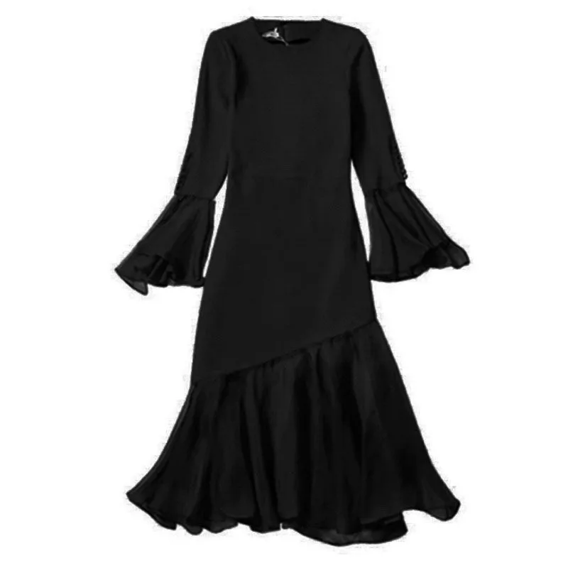 

DEAT Women Black Patchwork Gauze Trumpet High Dress New Round Neck Butterfly Sleeve Slim Fit Fashion Tide Summer 2021 7E1093