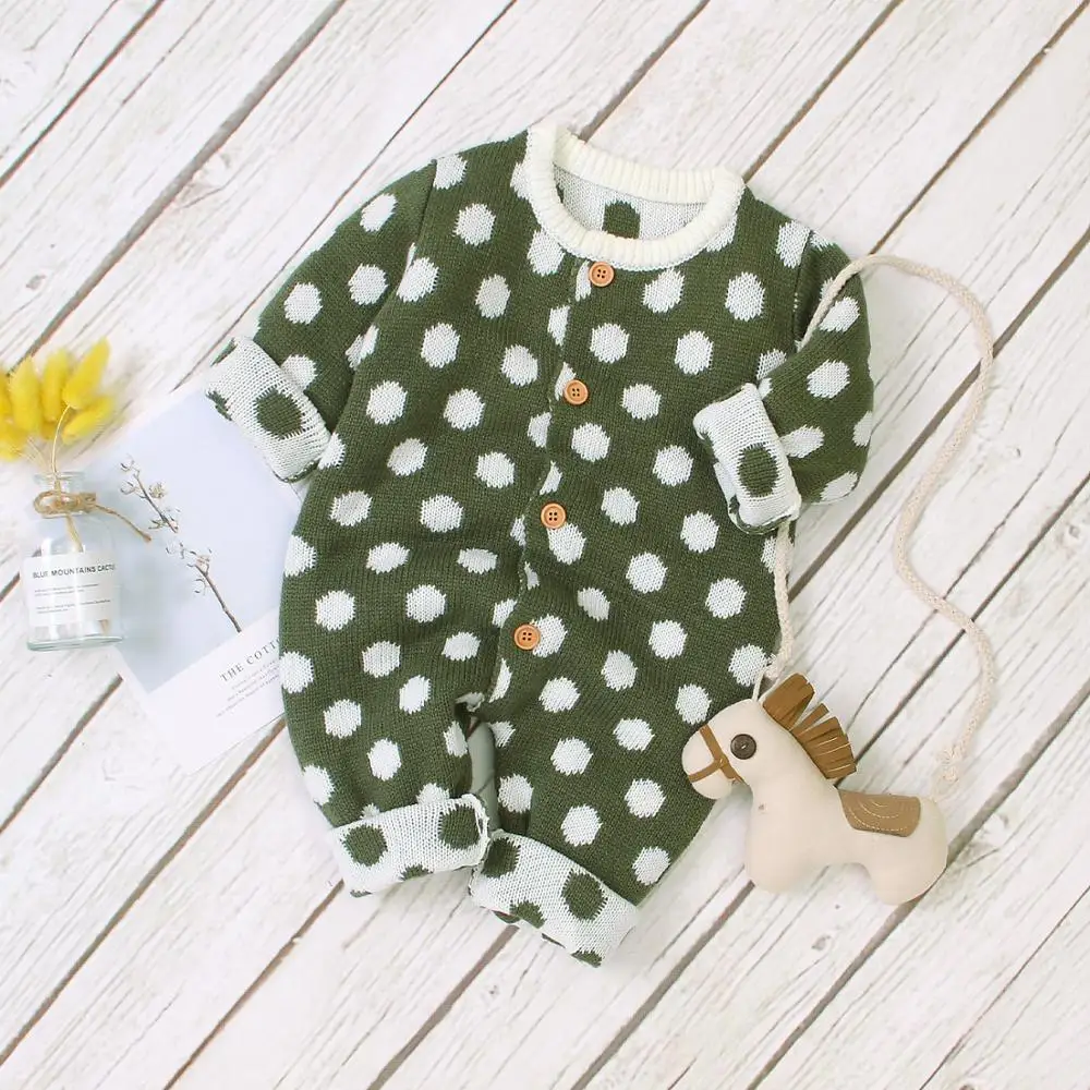 

New Spring Newborn Baby Cotton Knitted Clothes Infant Baby Girls Boys Dot Romper Toddler Long Sleeves Jumpsuit