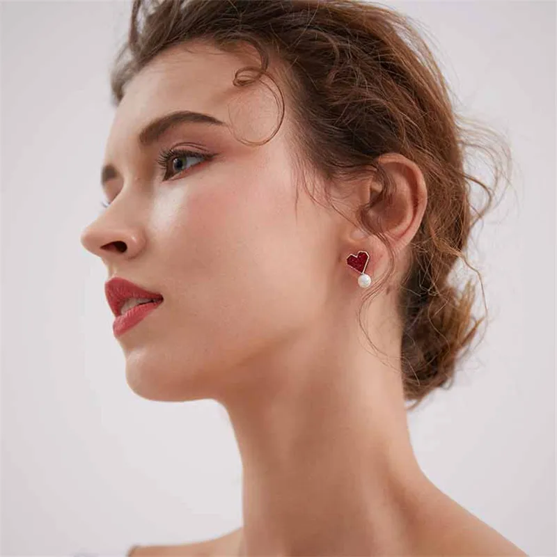 Корейские новые милые серьги гвоздики с красным сердцем и кристаллами для женщин