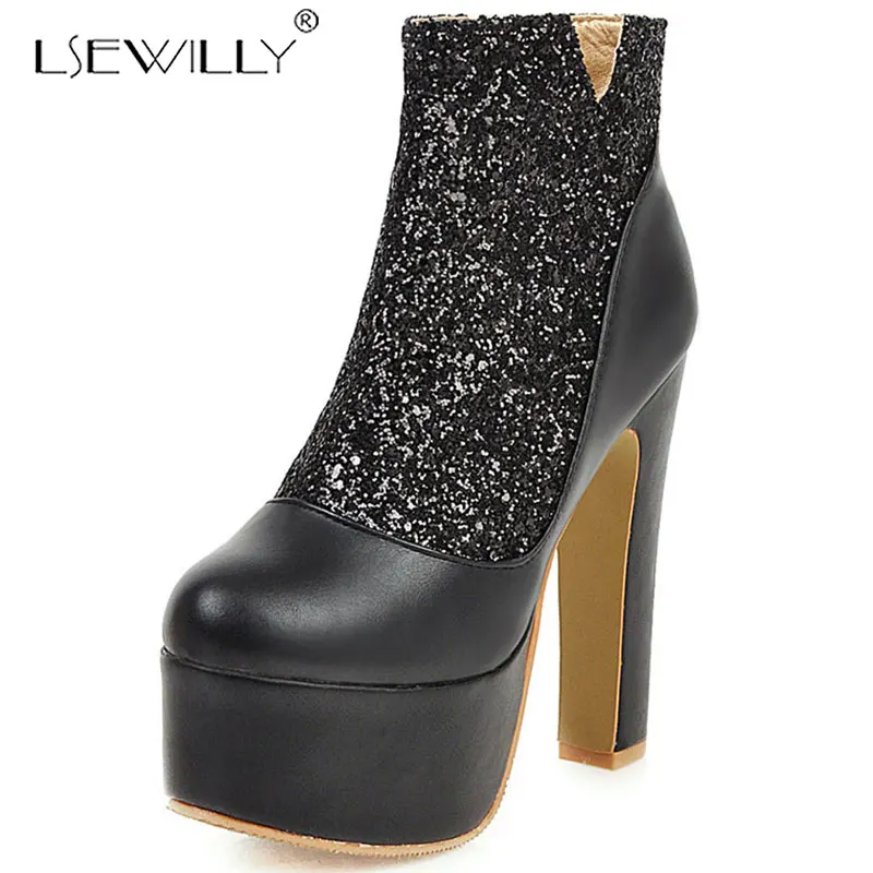 

Lsewilly plus size 31-48 fashion ankle boots round toe bling zip super high heel boots elegant autumn winter boots women K220
