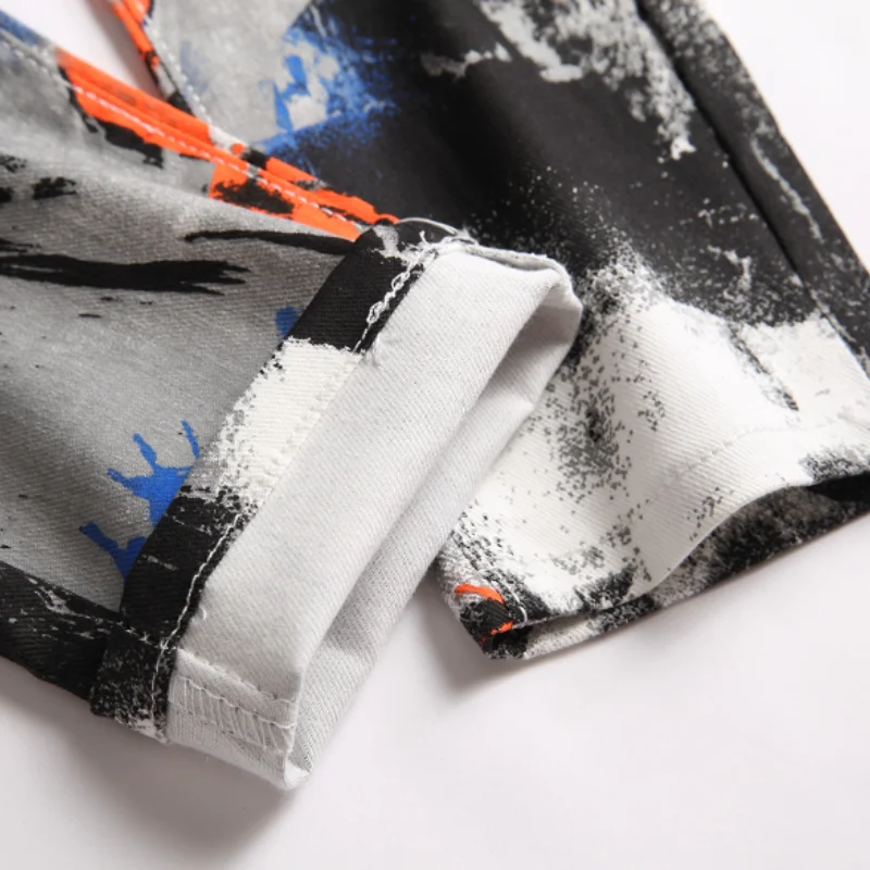 Chic Graffiti Print Hip Hop Men Stretch Pencil Jeans Trousers Color Block Slim Punk Denim Pants Streetwear Pantalones Hombre