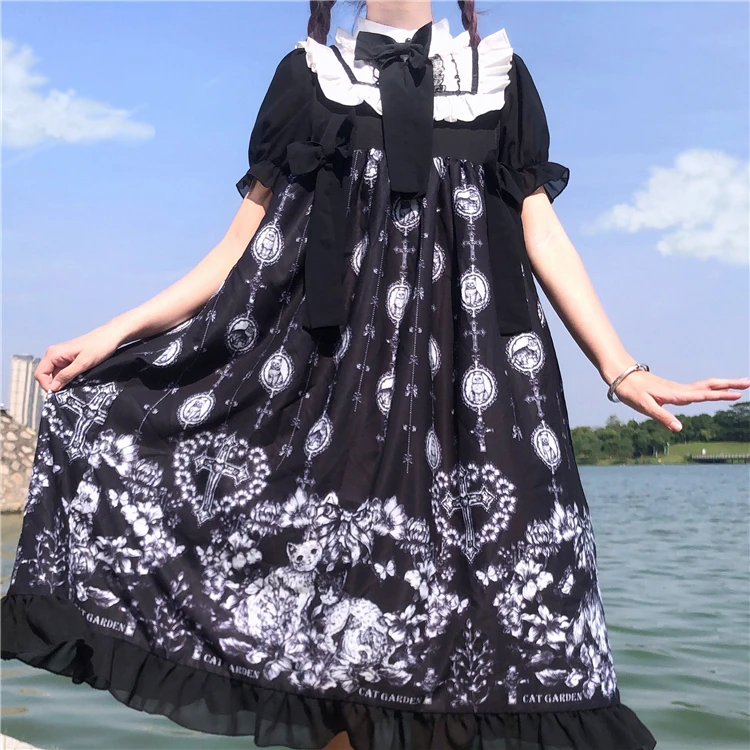 

Gothic Vintage Sweet Lolita Dress Falbala Bowknot High Waist Printing Victorian Dress Kawaii Girl Gothic Lolita Jsk Loli DT2244