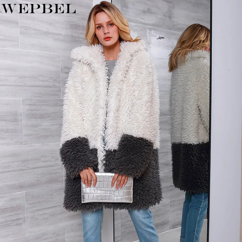 

WEPBEL Women Winter Faux Fur Long Cardigan Coat Ladies Fashion Thick Warm Long Sleeve Turn Down Collar Fleece Jacket Outwear