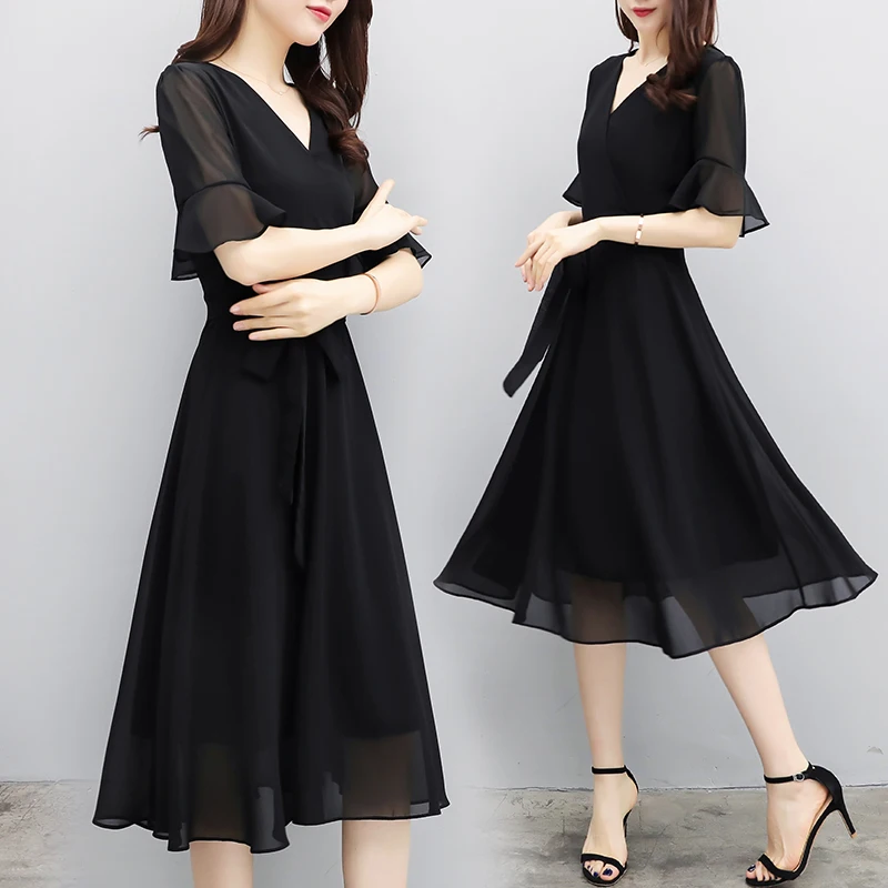 

New Summer Garment 2021 Waist-Receiving Large Size Women's V-collar Medium-length Fat mm Chiffon Dress with Loose Belly