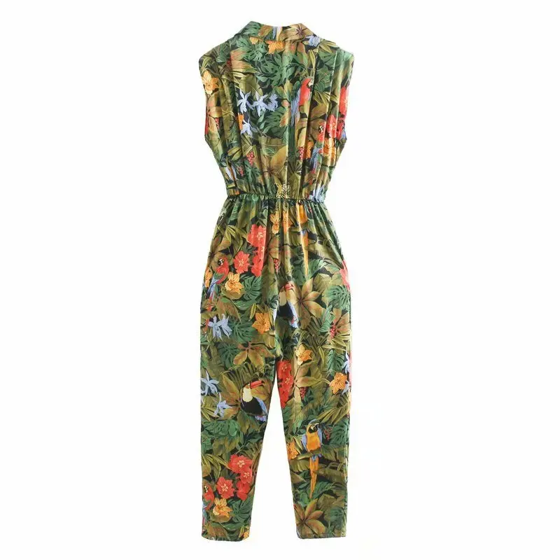 

Women High Waist V-neck Loose Summer Jumpsuit Printed Sleeveless Casual Rompers Overalls Female Elastic Waist Women Jumpsuits