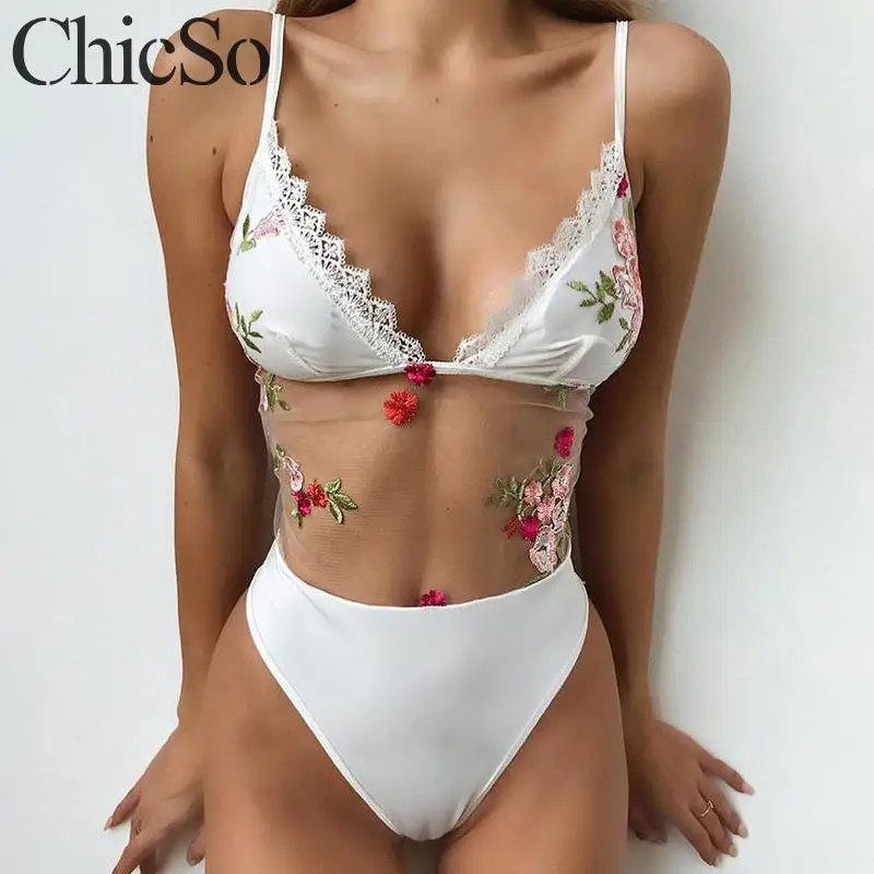 MissyChilli белое кружевное бикини цельные костюмы сетчатые сексуальные боди женский