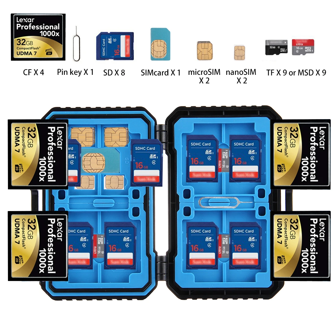 Считыватель карт PULUZ+ 22 в 1 чехол для карт памяти для 1 стандартной SIM+ 2Micro-SIM+ 2Nano-SIM+ 3CF+ 7SD+ 6TF+ 1 PIN для карт