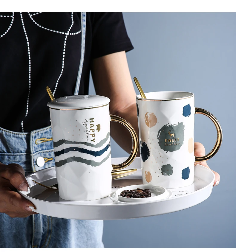 

Luxury Simple Coffee Mug Creative Ceramic with Spoon Lid High Quality Color Hand Painted Mug Caneca Kitchen Drinkware DB60MK