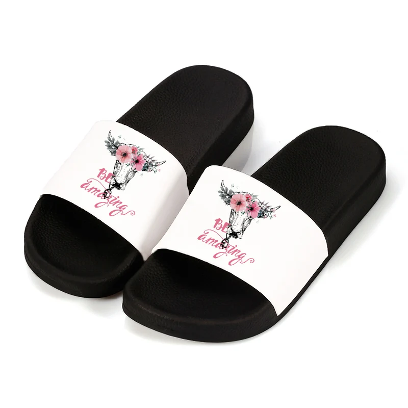 

2021 Women Sandals Summer Home Slippers Beach Slides Cow Head Flower Pattern Anti-slip Flip Flops Female Shoes Plus Size 41