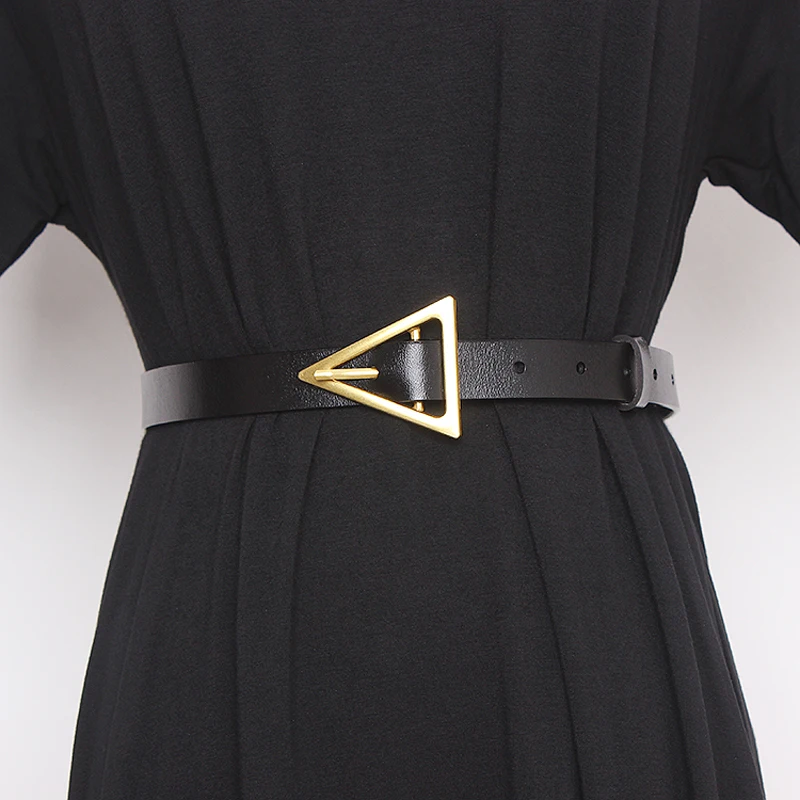 

New Vintage Luxury Genuine Leather metal triangle Buckle long Belts for Women Retro Cow Leather Accessories Dress Belt Accessory