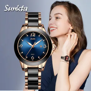 SUNKTA женские часы, лучший бренд, роскошные керамические стразы, спортивные кварцевые часы, женские синие водонепроницаемые часы, Relogio Feminino + коробка