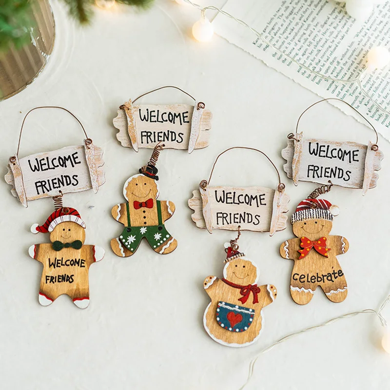 2pcs Christmas Wooden Gingerbread Man Decoration Pendant Welcome House Number Christmas Tree Biscuit Man Decoration