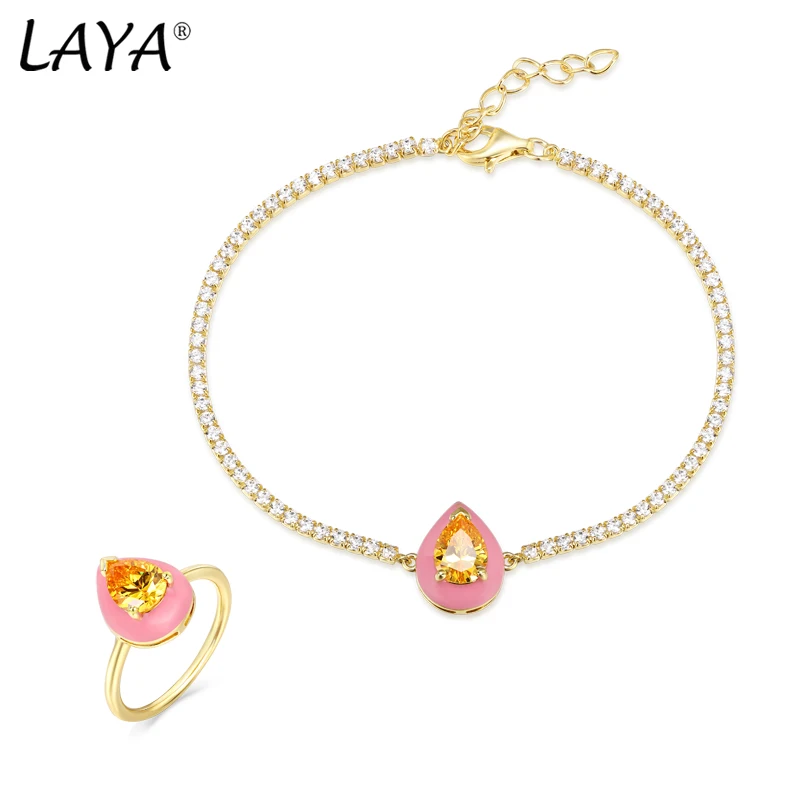 

Laya Silver Bracelet Ring Sets For Women Pure 925 Sterling Silver Shiny White Cubic Zirconia Pink Enamel Fashion Jewelry